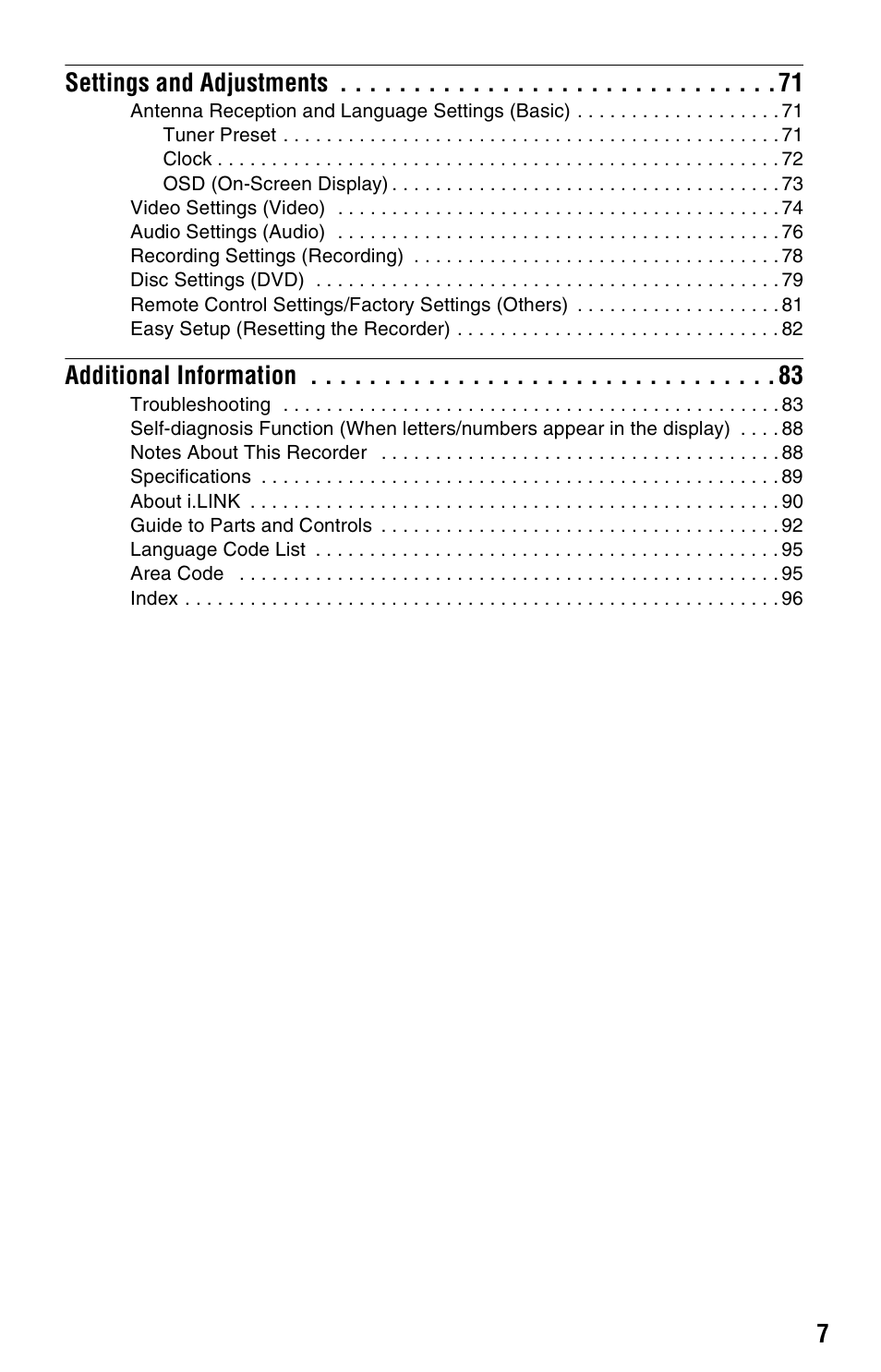 7settings and adjustments, Additional information | Sony RDR-GX33 User Manual | Page 7 / 100