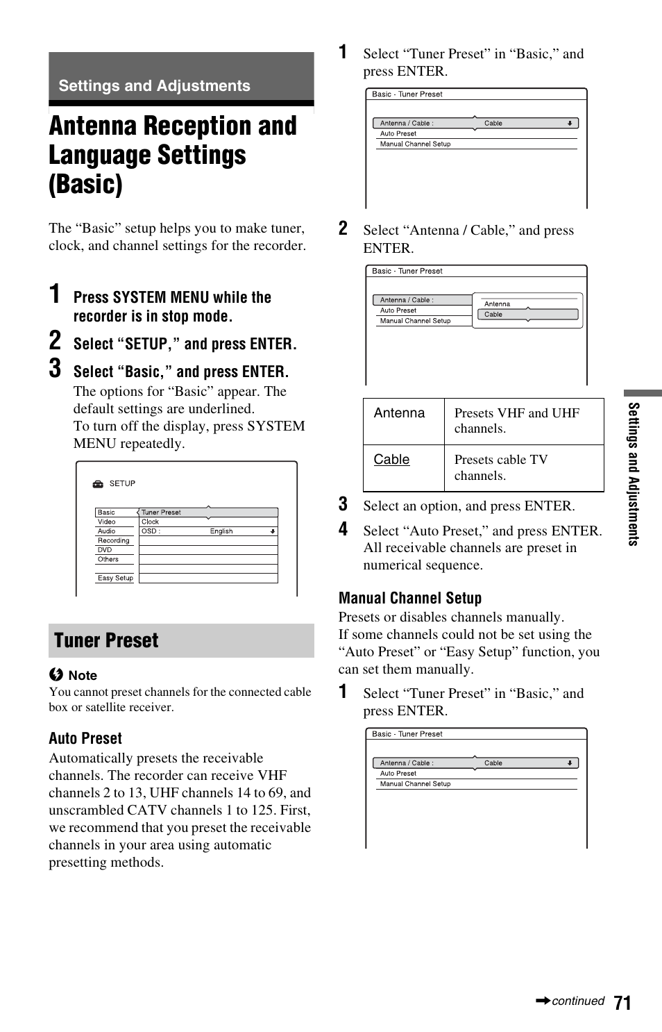 Settings and adjustments, Antenna reception and language settings (basic), Tuner preset | Sony RDR-GX33 User Manual | Page 71 / 100