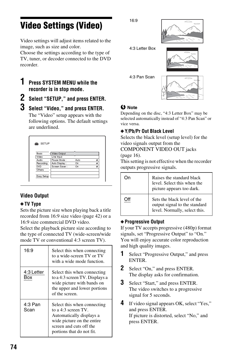 Video settings (video) | Sony RDR-GX33 User Manual | Page 74 / 100