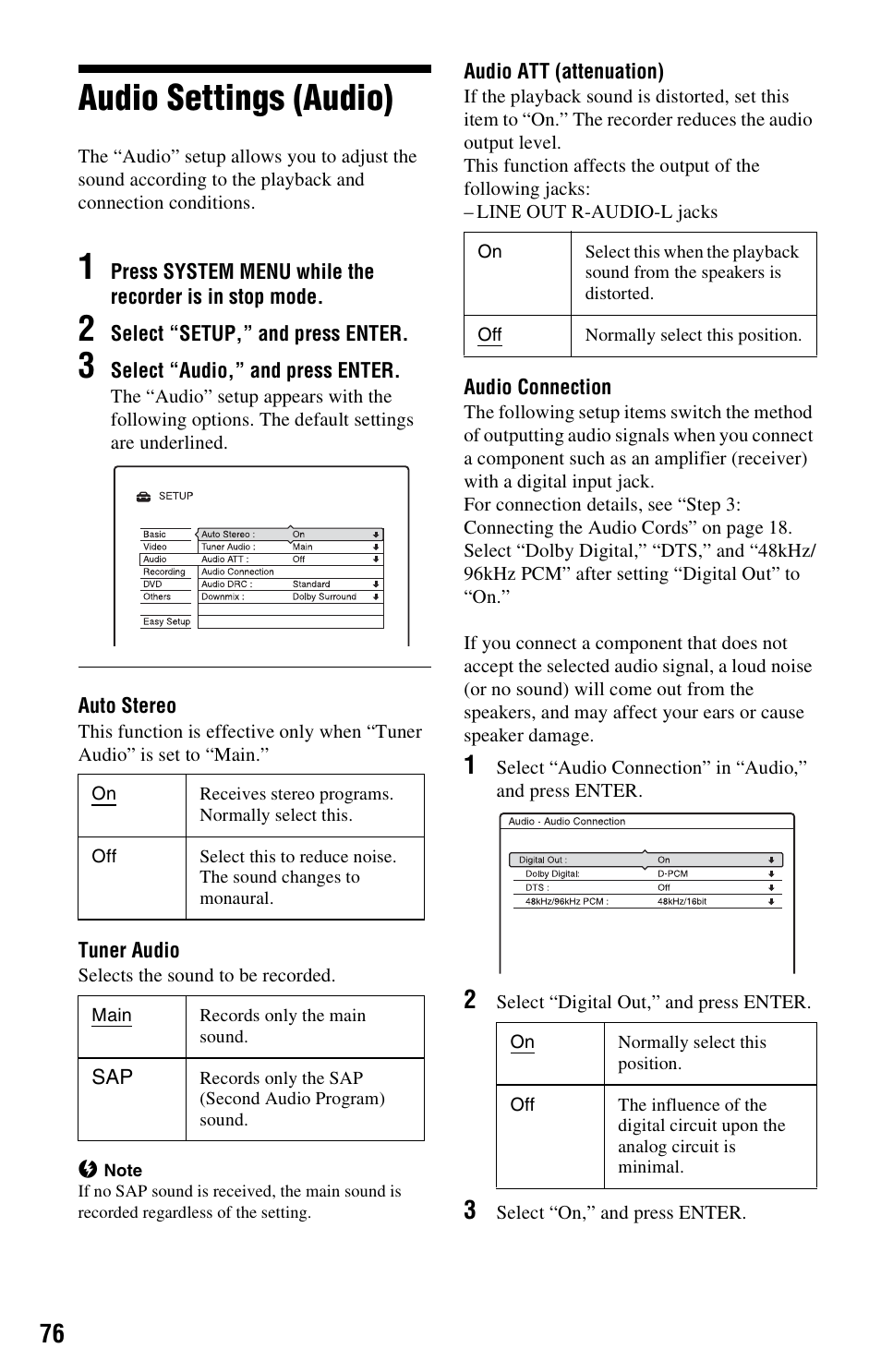 Audio settings (audio) | Sony RDR-GX33 User Manual | Page 76 / 100