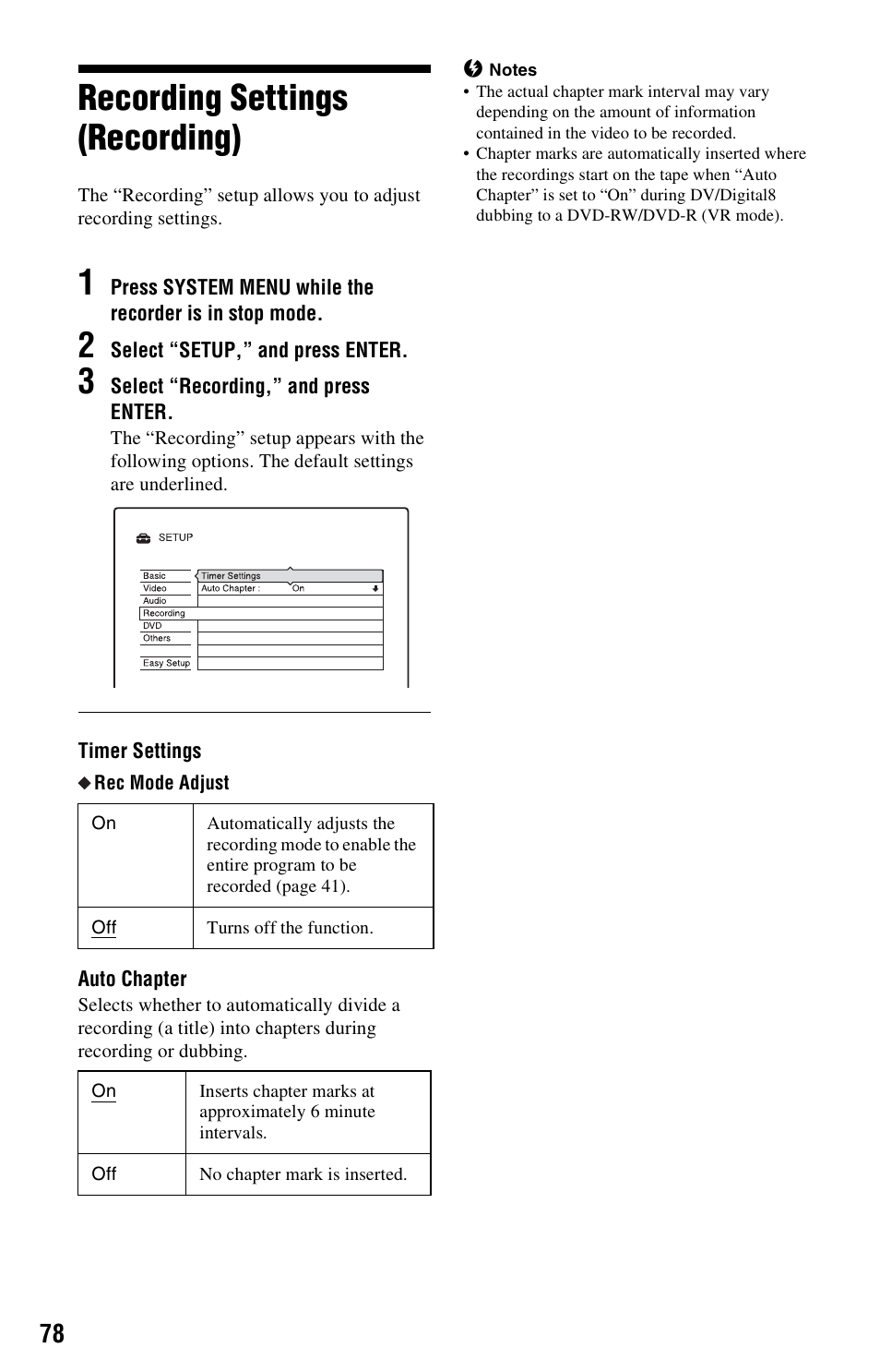 Recording settings (recording) | Sony RDR-GX33 User Manual | Page 78 / 100