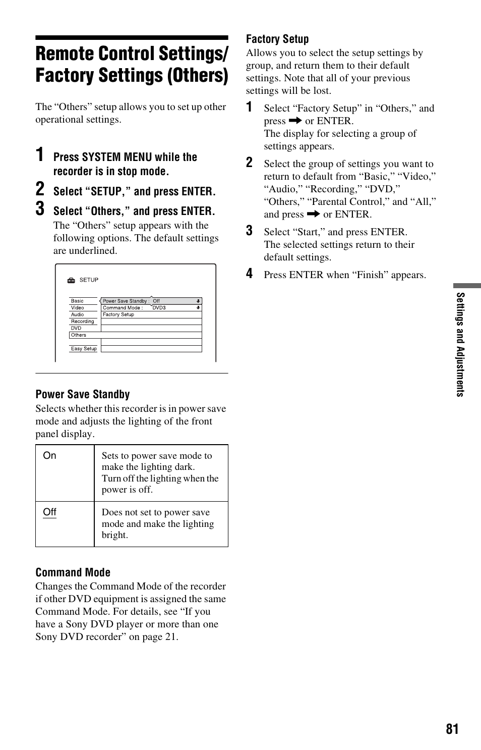 Remote control settings/ factory settings (others), Remote control settings/factory settings (others) | Sony RDR-GX33 User Manual | Page 81 / 100
