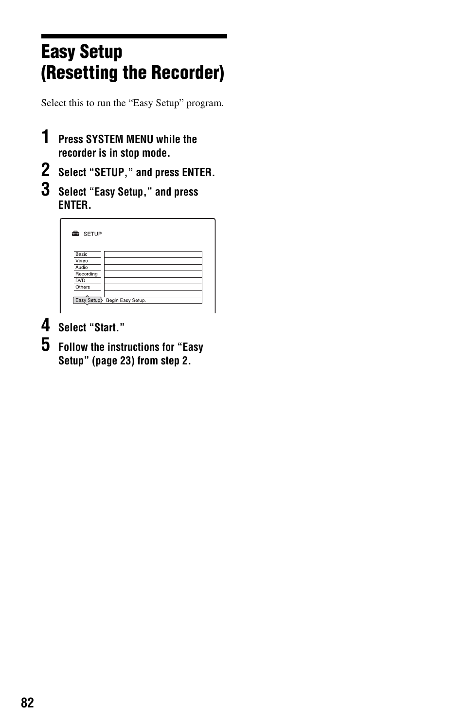 Easy setup (resetting the recorder) | Sony RDR-GX33 User Manual | Page 82 / 100