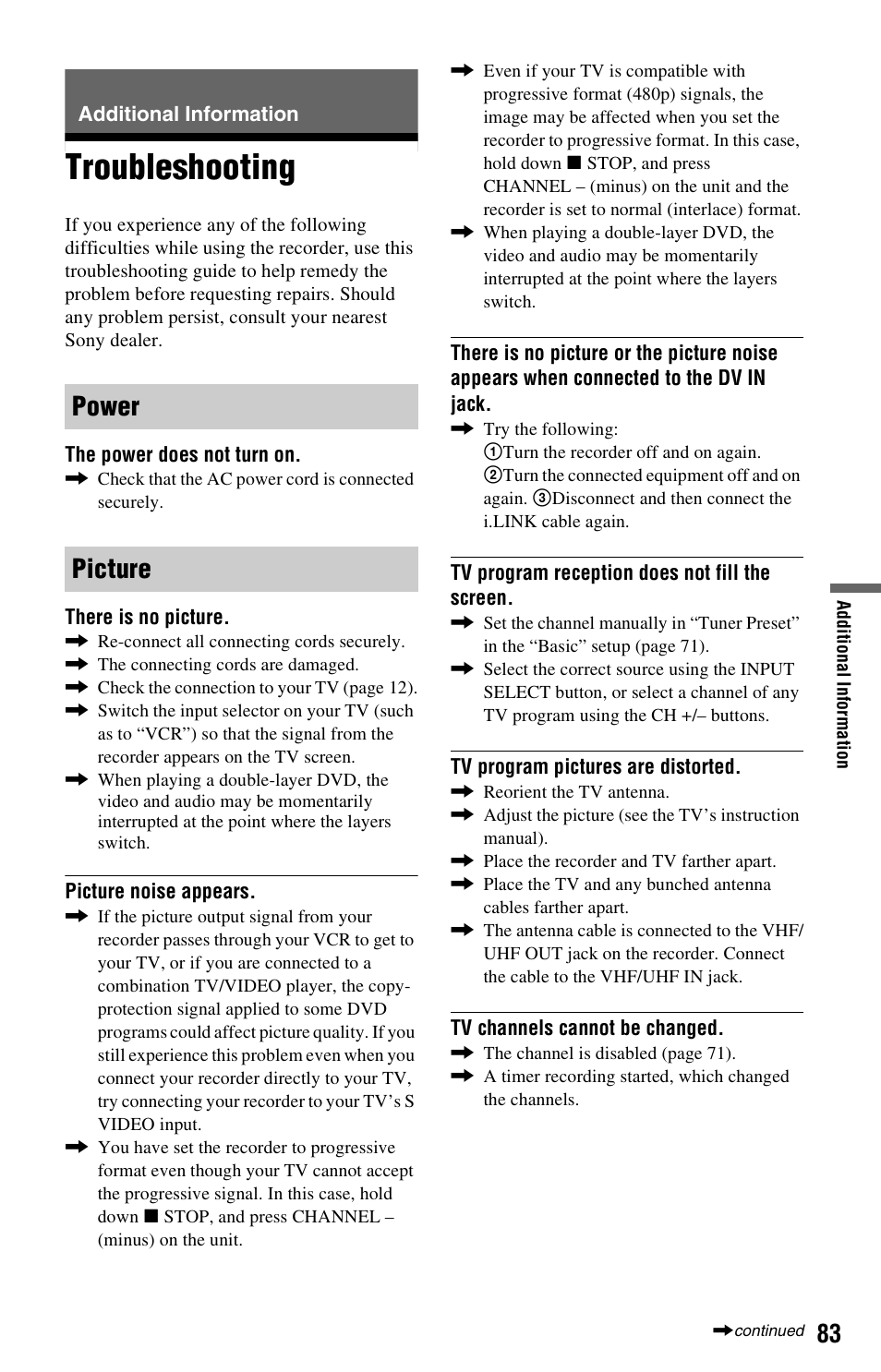 Additional information, Troubleshooting, Power picture | Sony RDR-GX33 User Manual | Page 83 / 100