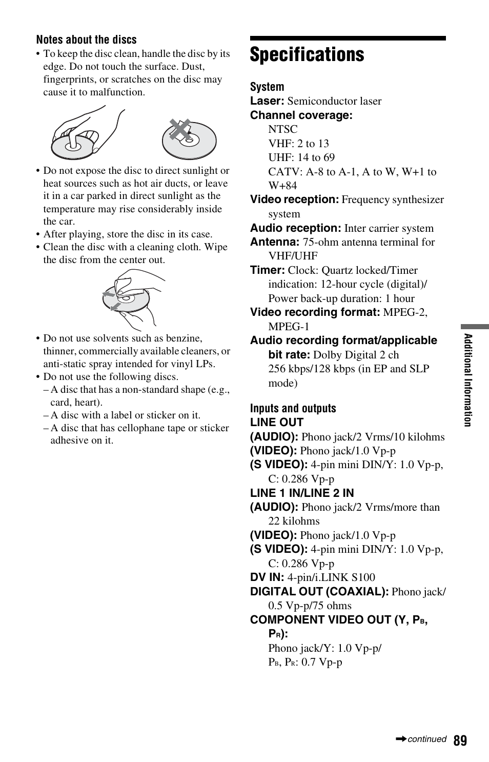 Specifications | Sony RDR-GX33 User Manual | Page 89 / 100