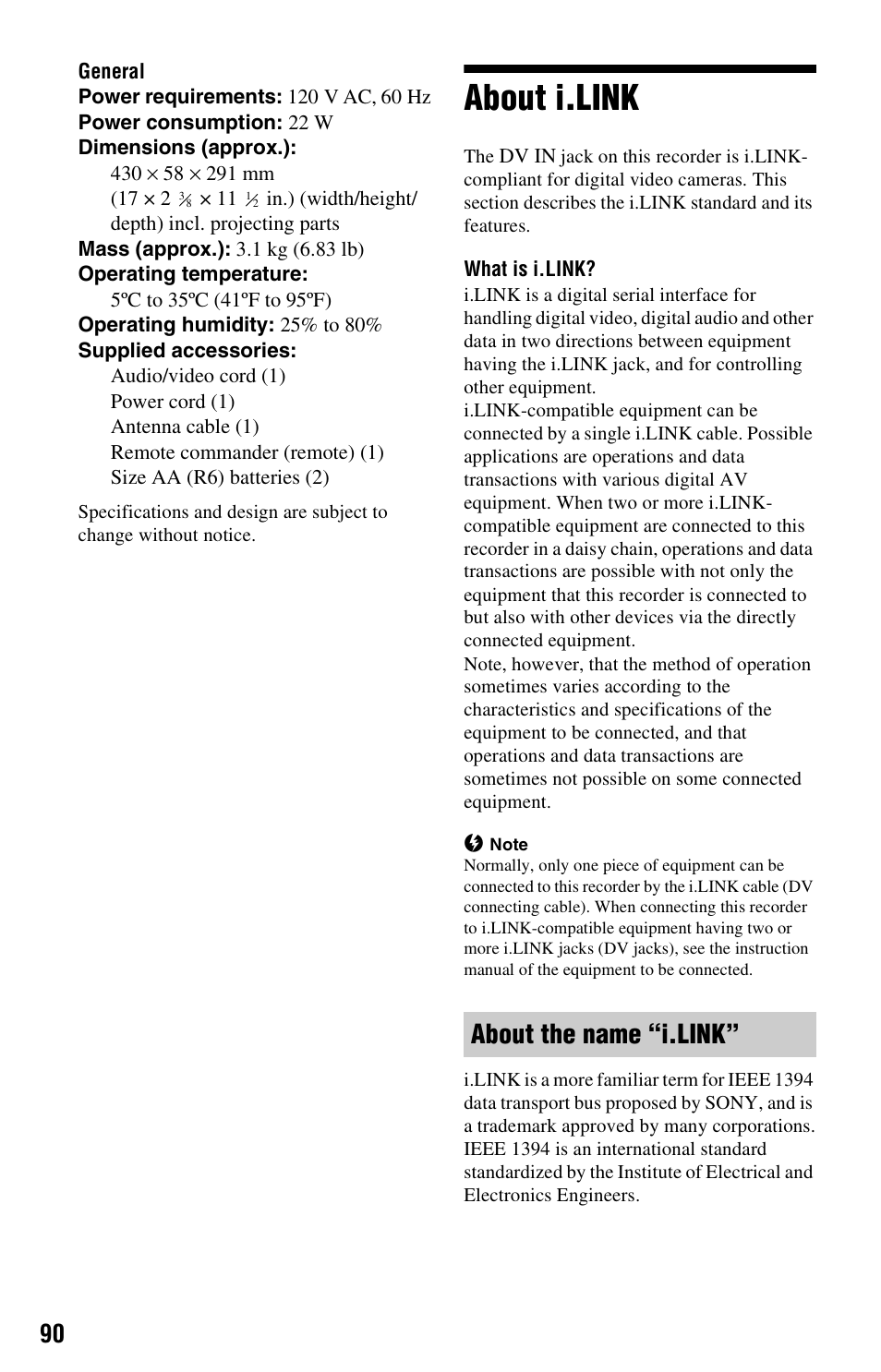 About i.link, About the name “i.link | Sony RDR-GX33 User Manual | Page 90 / 100