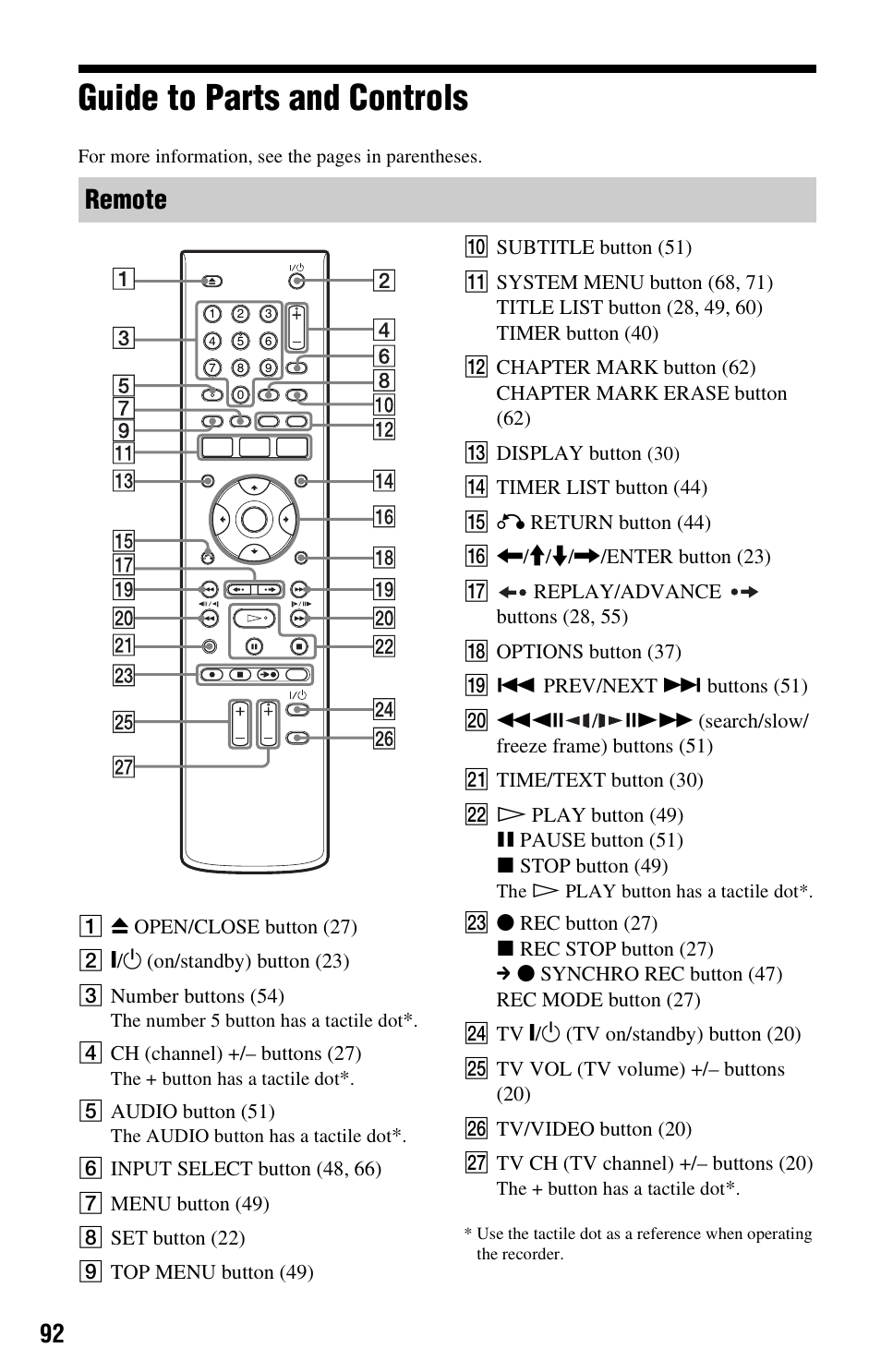 Guide to parts and controls, Remote | Sony RDR-GX33 User Manual | Page 92 / 100