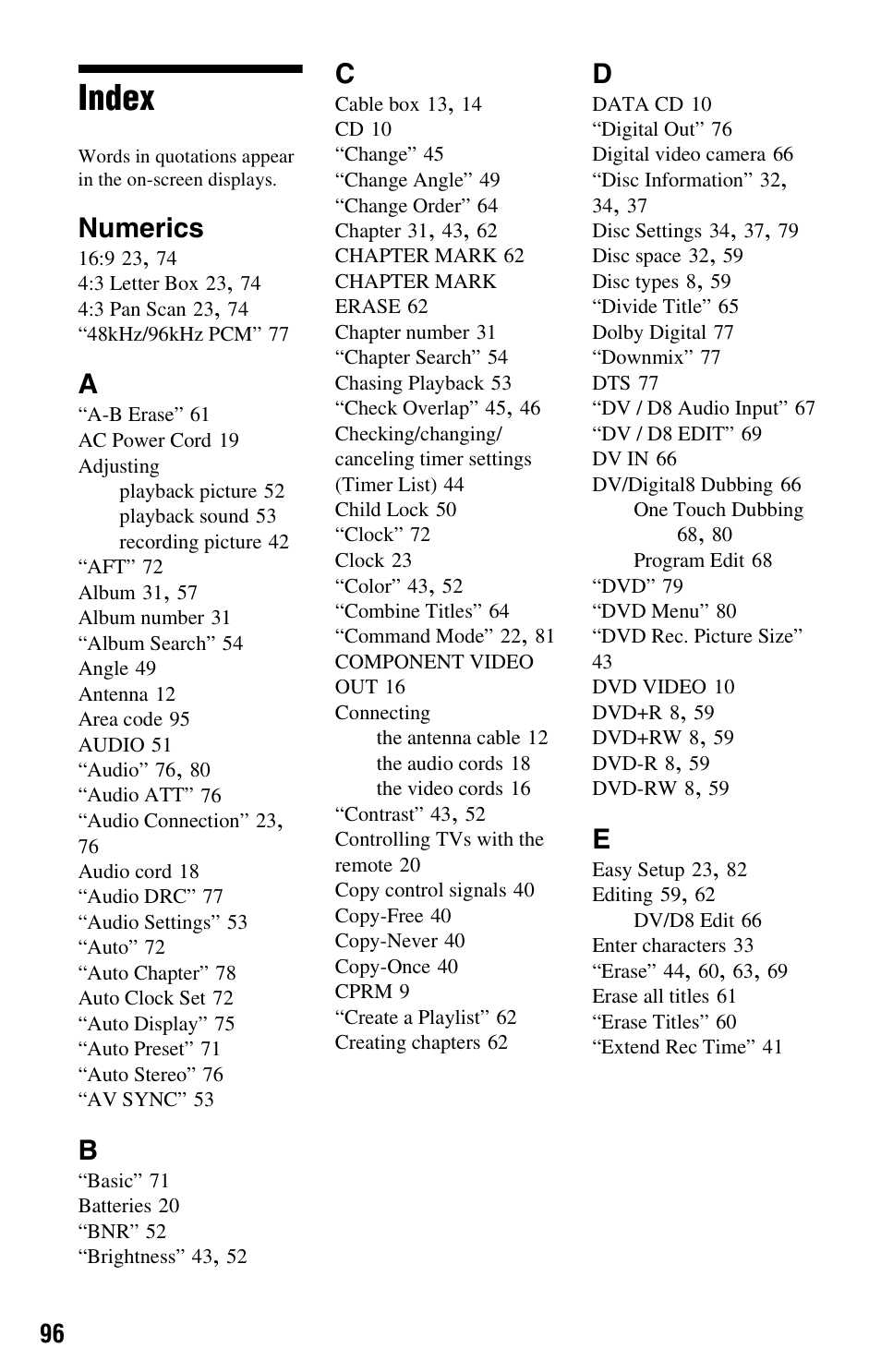 Index, Numerics | Sony RDR-GX33 User Manual | Page 96 / 100