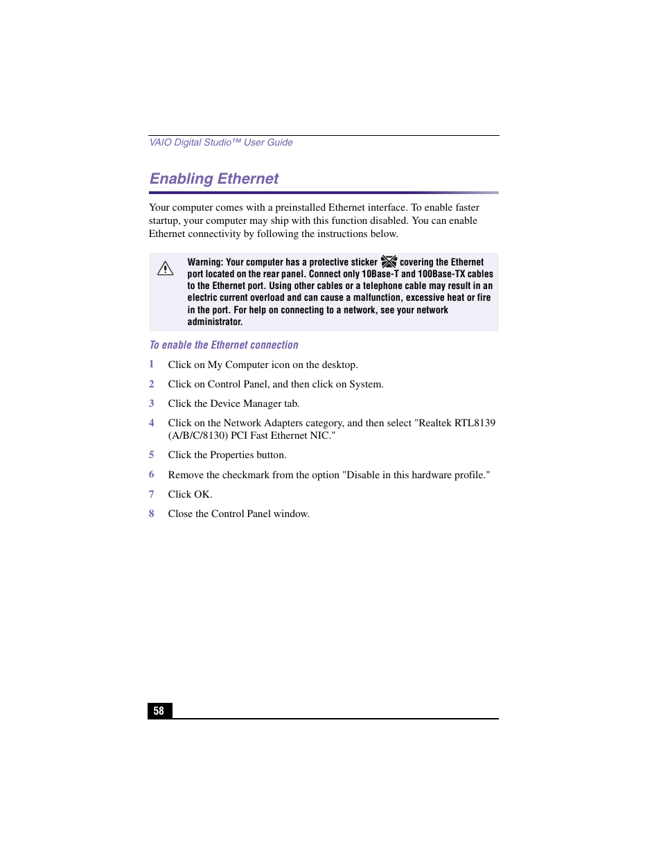 Enabling ethernet | Sony PCV-RX360DS User Manual | Page 58 / 100