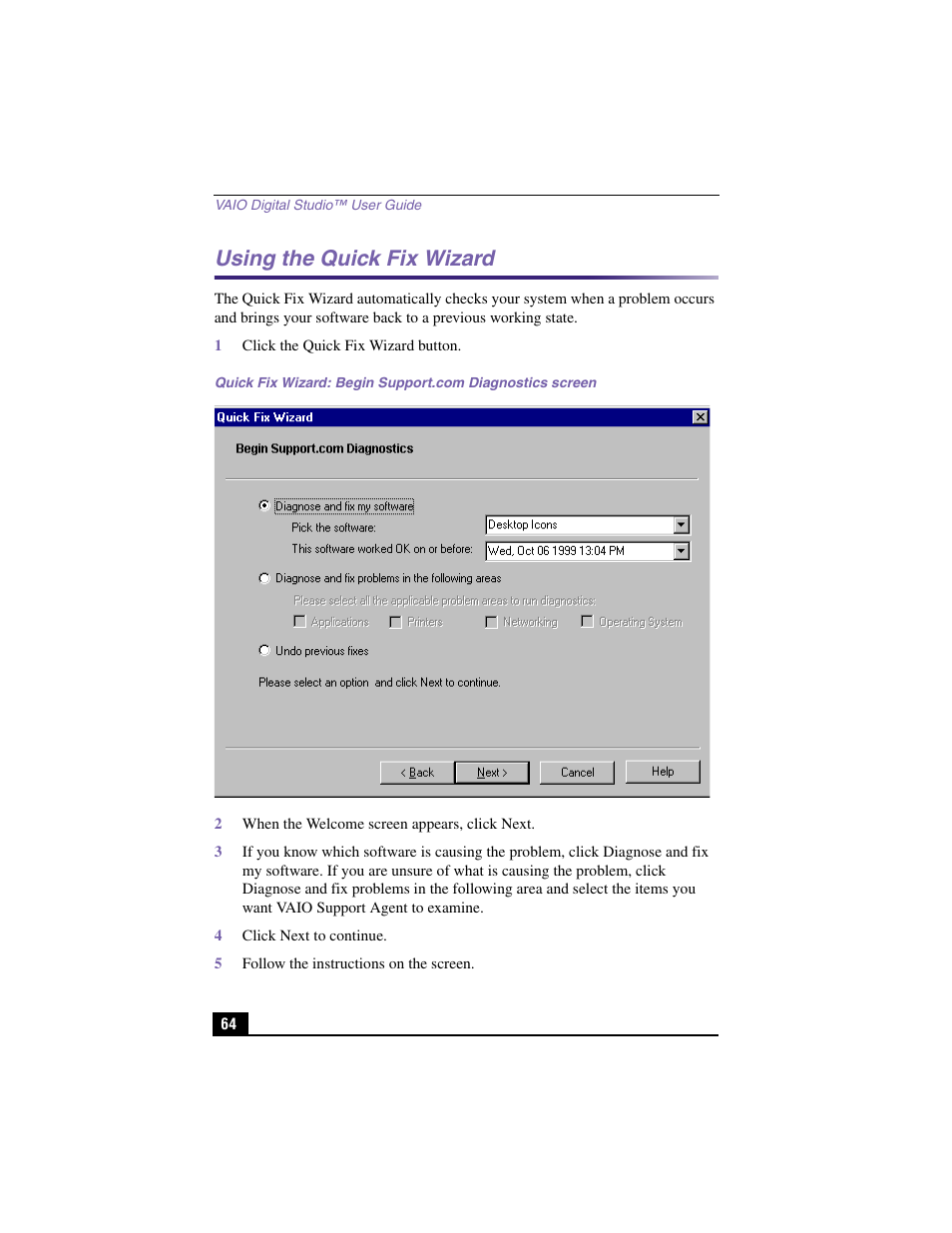 Using the quick fix wizard | Sony PCV-RX360DS User Manual | Page 64 / 100