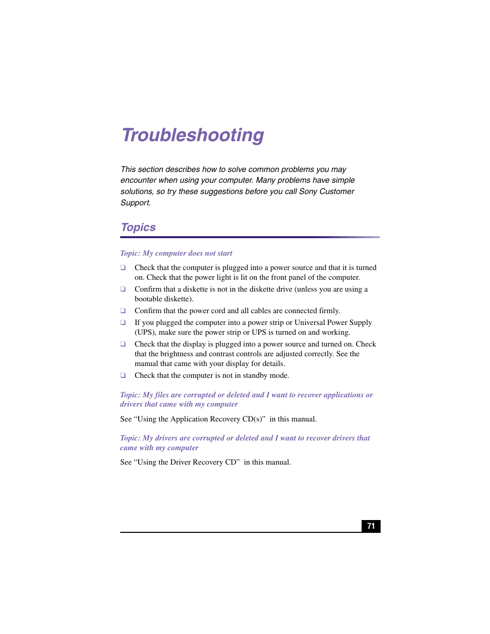 Troubleshooting, Topics | Sony PCV-RX360DS User Manual | Page 71 / 100