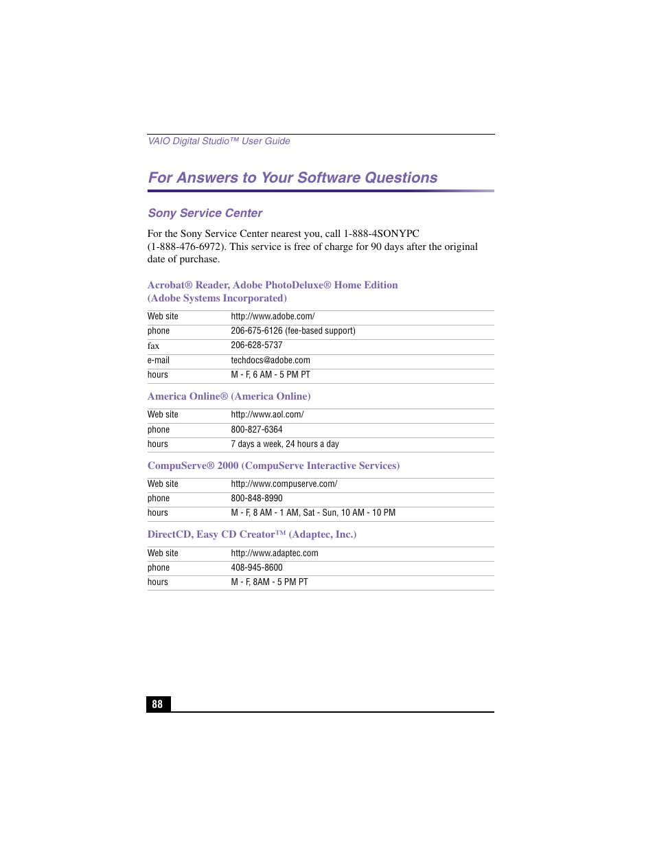 For answers to your software questions | Sony PCV-RX360DS User Manual | Page 88 / 100