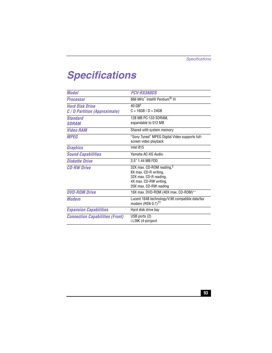 Specifications | Sony PCV-RX360DS User Manual | Page 93 / 100