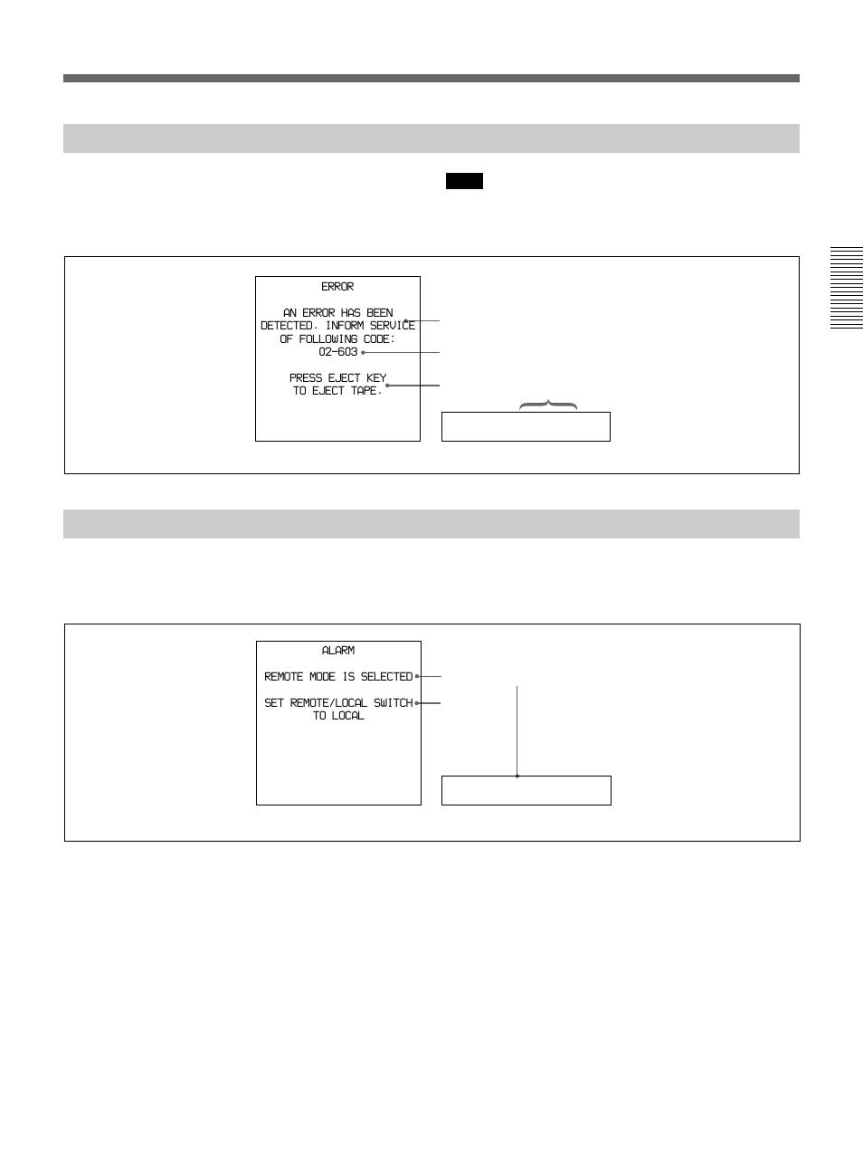 Error messages, Alarm messages, Remote | Sony DSR-70 User Manual | Page 131 / 144