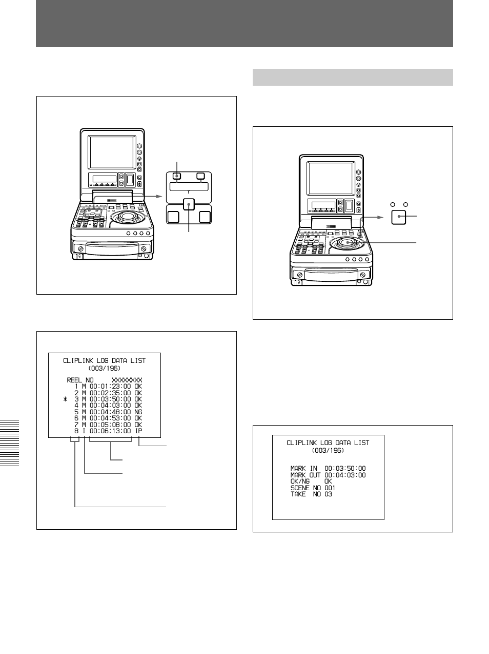 Displaying cliplink log data, Detailed data display | Sony DSR-70 User Manual | Page 92 / 144