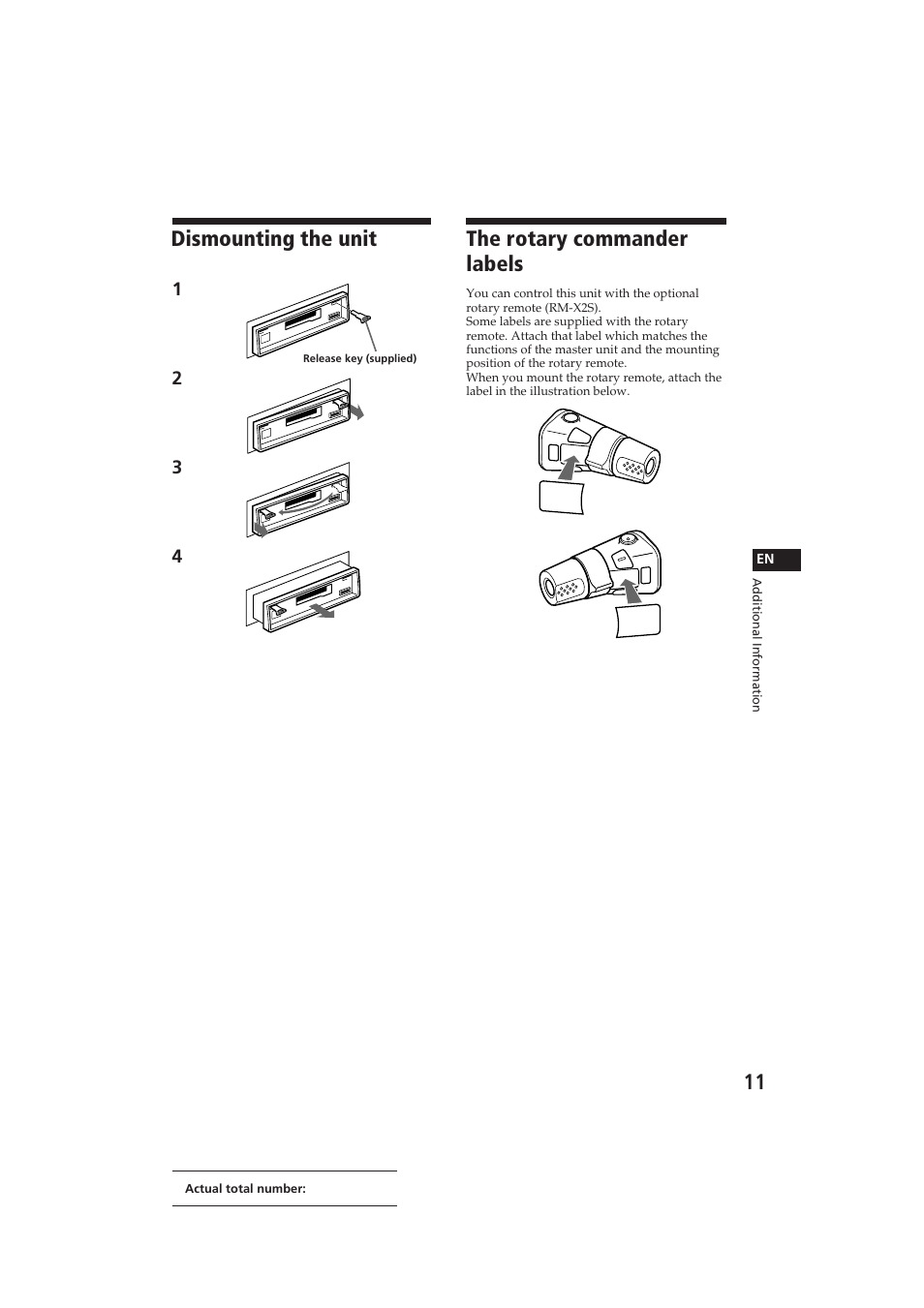 Dismounting the unit, The rotary commander labels | Sony EXR-400 User Manual | Page 11 / 16