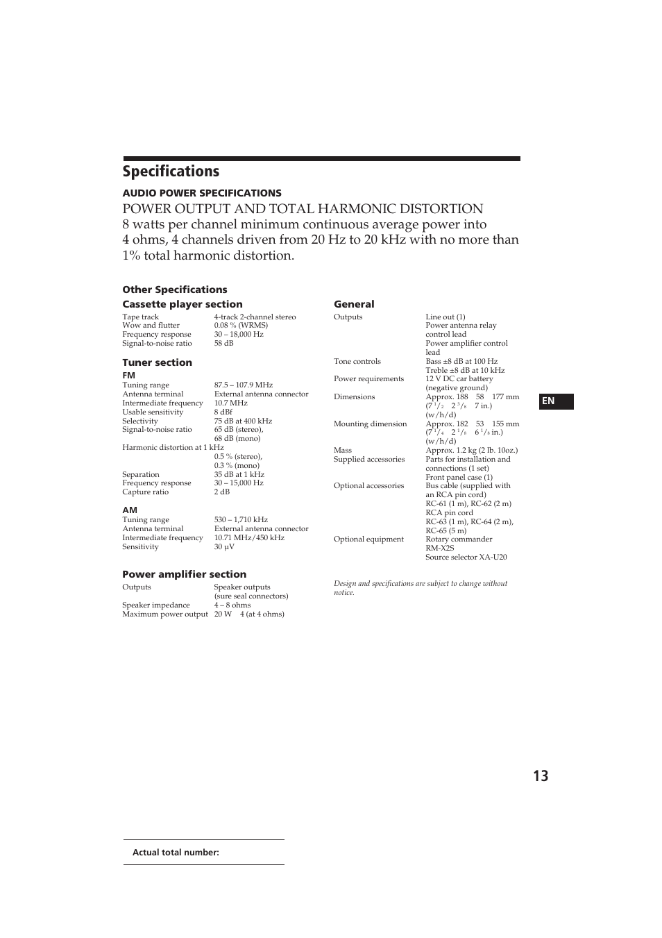 Specifications | Sony EXR-400 User Manual | Page 13 / 16