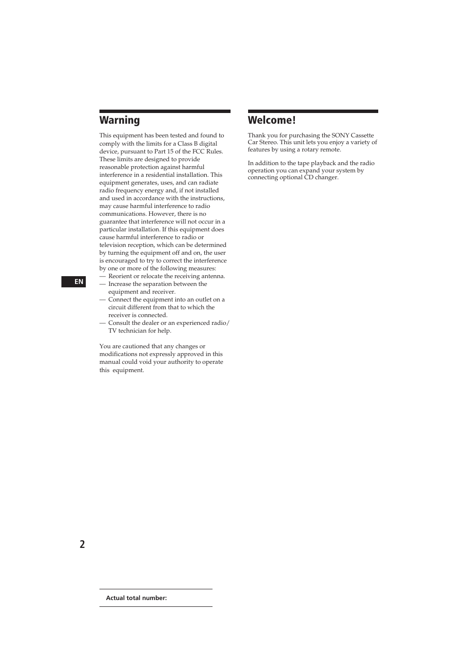 Welcome, Warning | Sony EXR-400 User Manual | Page 2 / 16