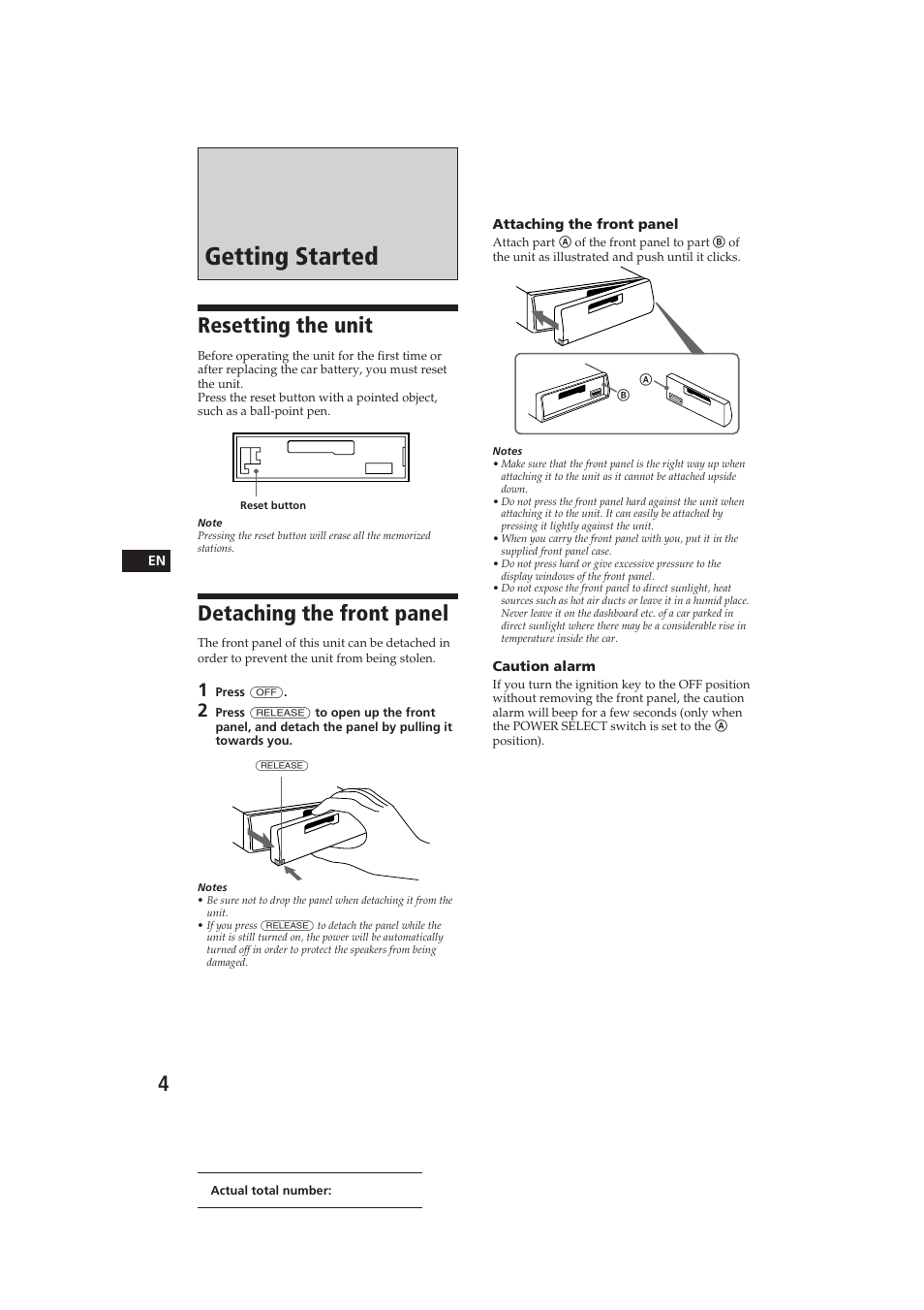 Getting started, Resetting the unit, Detaching the front panel | Sony EXR-400 User Manual | Page 4 / 16