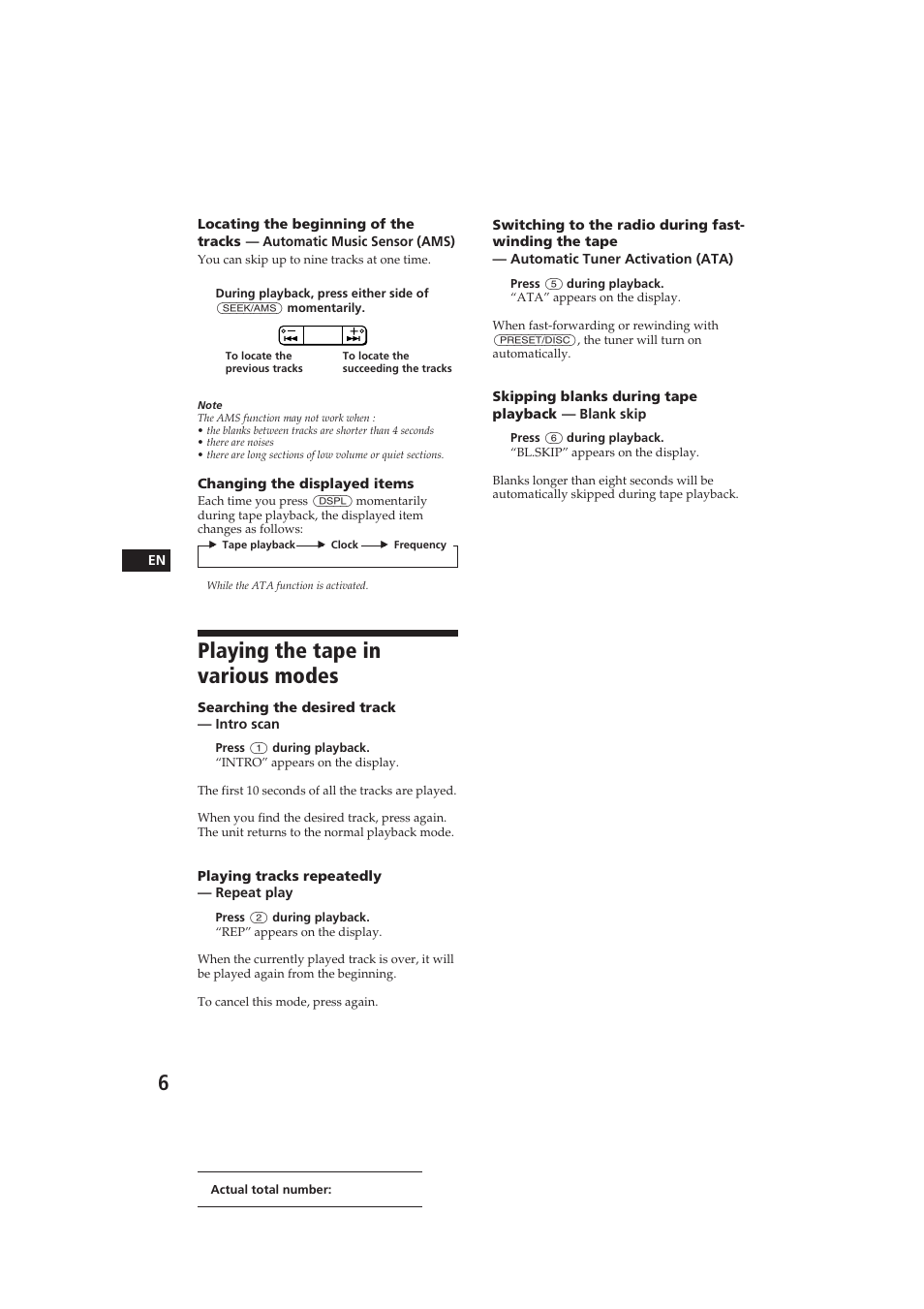 Playing the tape in various modes | Sony EXR-400 User Manual | Page 6 / 16