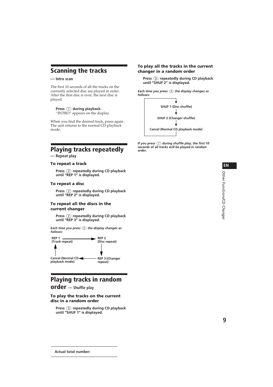 Scanning the tracks, Playing tracks repeatedly, Playing tracks in random order | Sony EXR-400 User Manual | Page 9 / 16