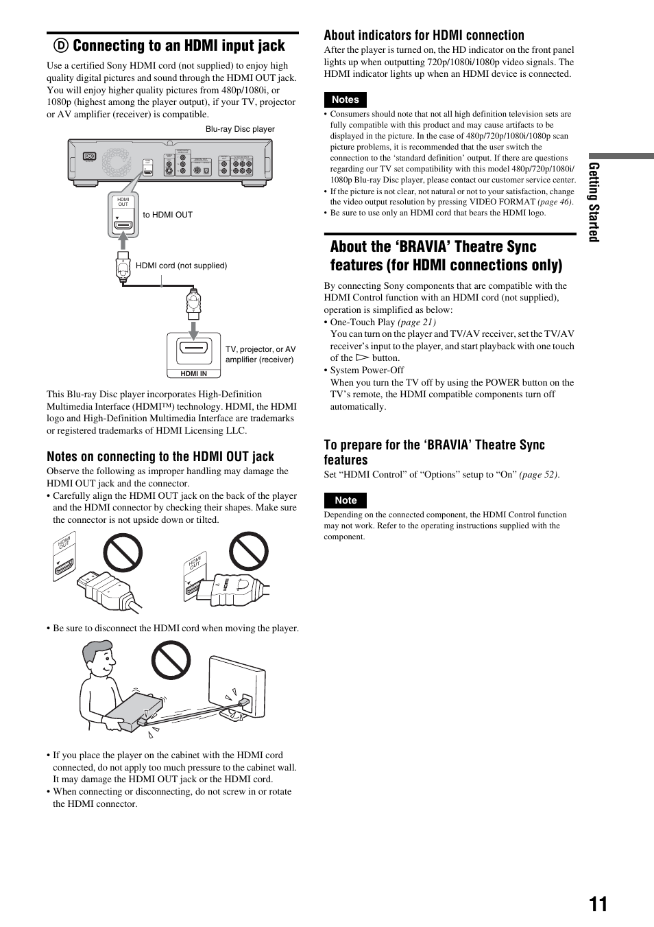 D connecting to an hdmi input jack, About the ‘bravia’ theatre sync features, For hdmi connections only) | Dconnecting to an hdmi input jack, Getting s tarted, About indicators for hdmi connection | Sony 3-270-909-11(1) User Manual | Page 11 / 71