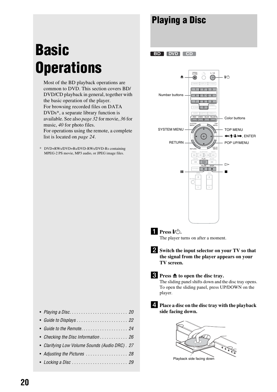 Basic operations, Playing a disc, Press \ / 1 | Press z to open the disc tray, The player turns on after a moment | Sony 3-270-909-11(1) User Manual | Page 20 / 71