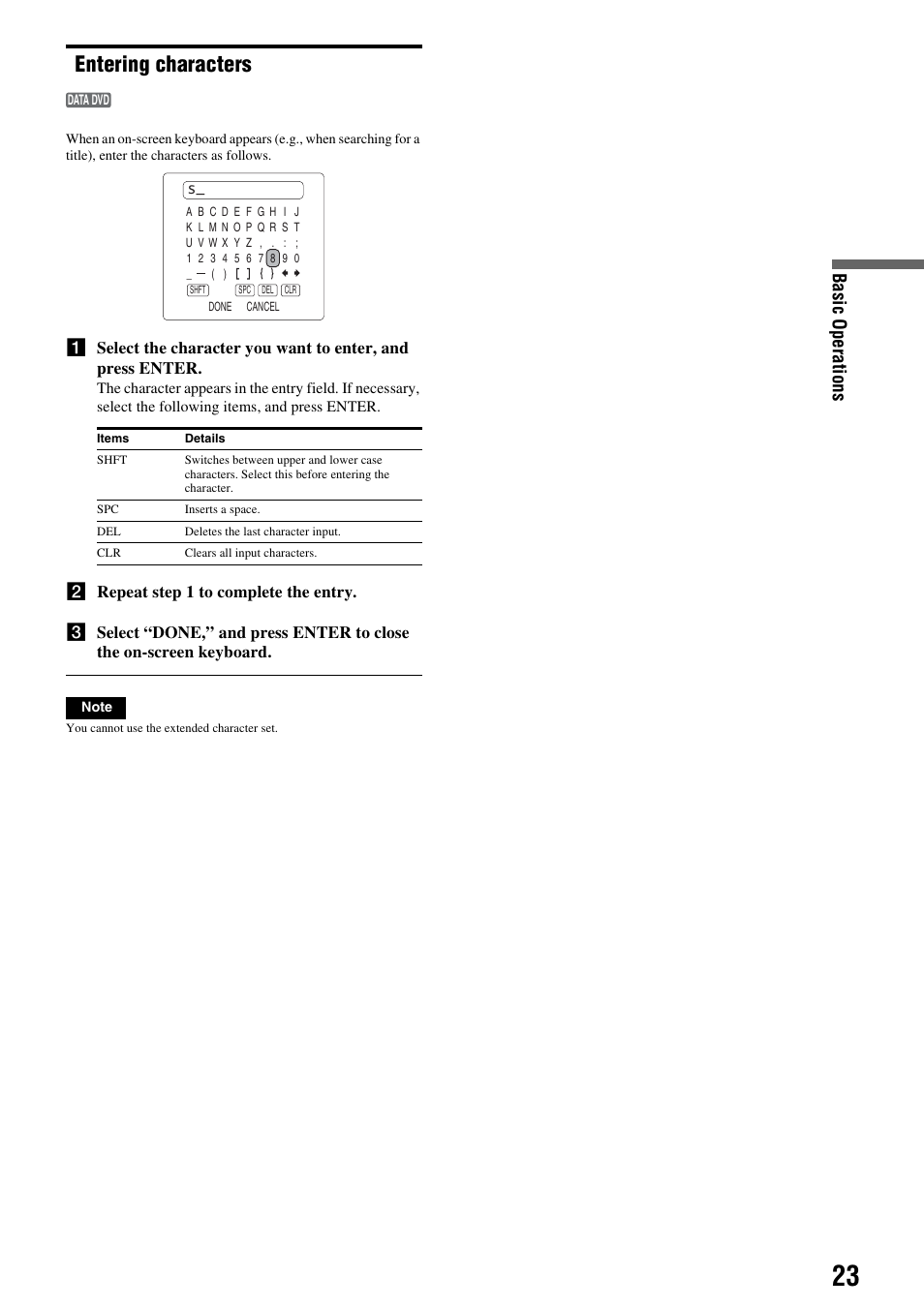 Entering characters | Sony 3-270-909-11(1) User Manual | Page 23 / 71