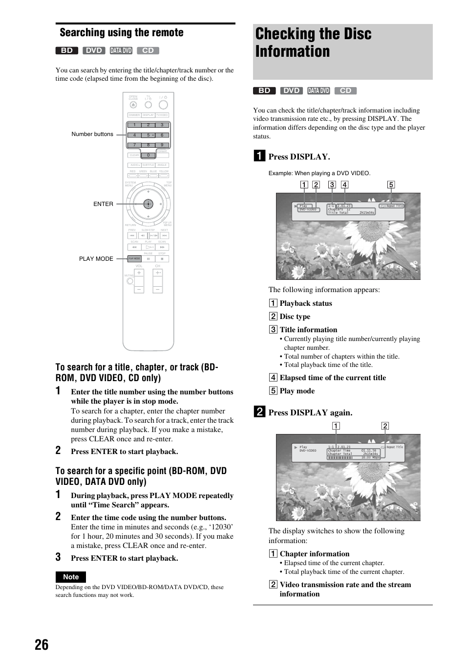 Searching using the remote, Checking the disc information, Press display | Press display again, Press enter to start playback, 4 elapsed time of the current title 5 play mode | Sony 3-270-909-11(1) User Manual | Page 26 / 71