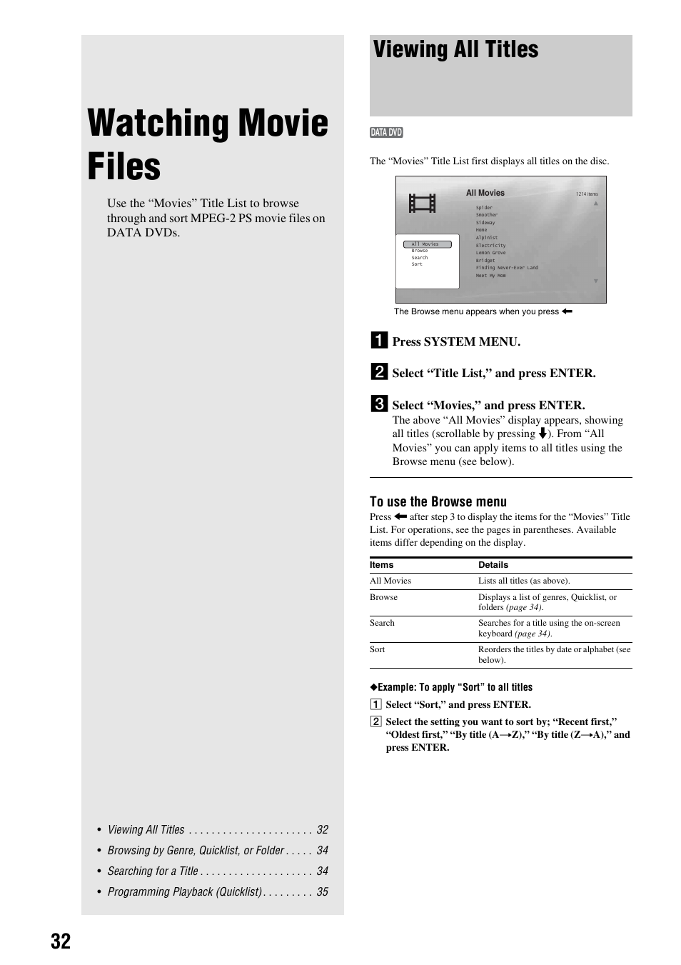 Watching movie files, Viewing all titles, Press system menu | Select “title list,” and press enter, Select “movies,” and press enter | Sony 3-270-909-11(1) User Manual | Page 32 / 71