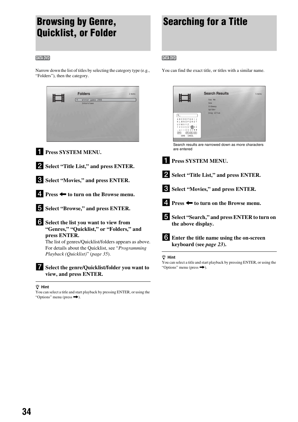 Browsing by genre, quicklist, or folder, Searching for a title, Press system menu | Select “title list,” and press enter, Select “movies,” and press enter, Press < to turn on the browse menu, Select “browse,” and press enter | Sony 3-270-909-11(1) User Manual | Page 34 / 71