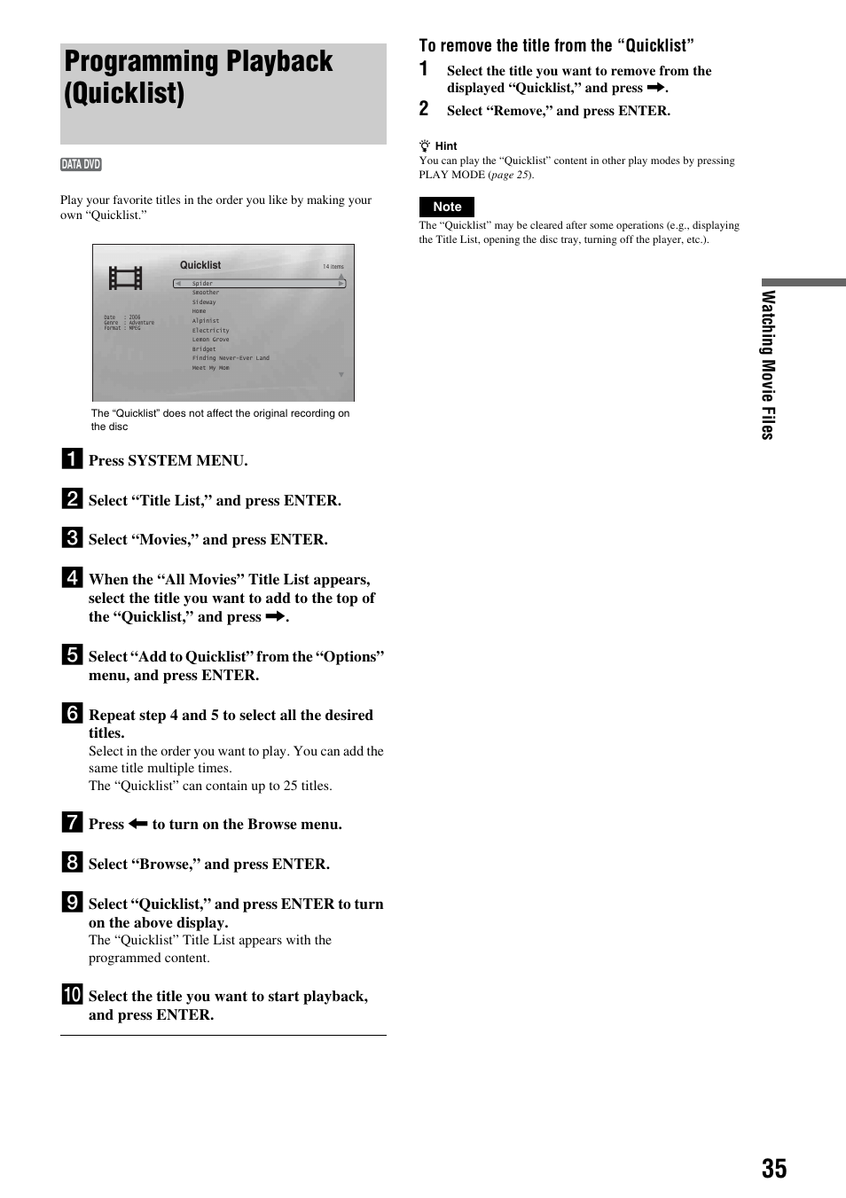 Programming playback (quicklist), Watching movie fil e s, Press system menu | Select “title list,” and press enter, Select “movies,” and press enter, Press < to turn on the browse menu, Select “browse,” and press enter | Sony 3-270-909-11(1) User Manual | Page 35 / 71