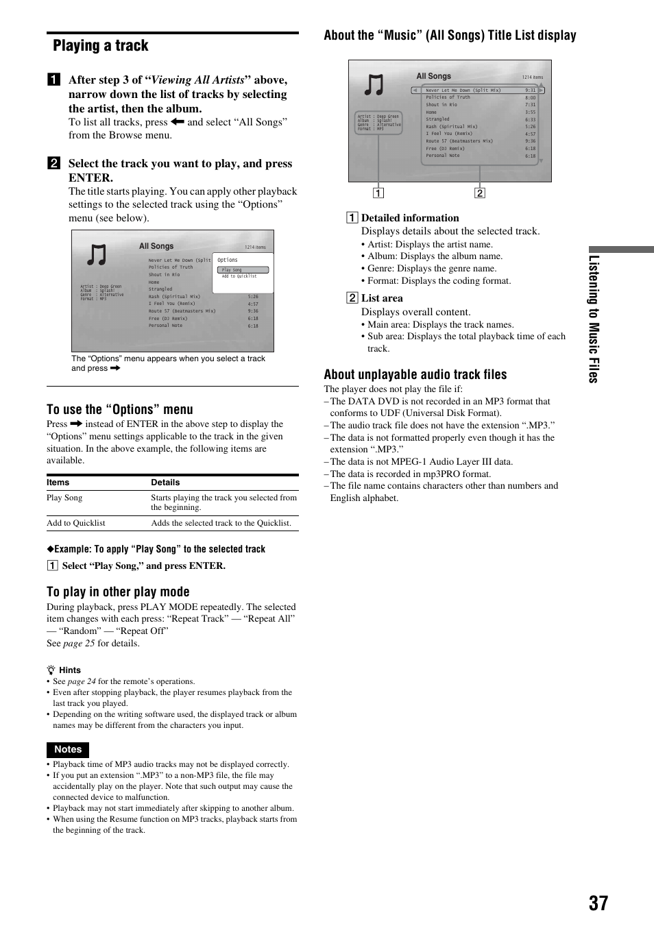 Playing a track, Listening t o mus ic fi les, About the “music” (all songs) title list display | About unplayable audio track files, 2 list area displays overall content | Sony 3-270-909-11(1) User Manual | Page 37 / 71