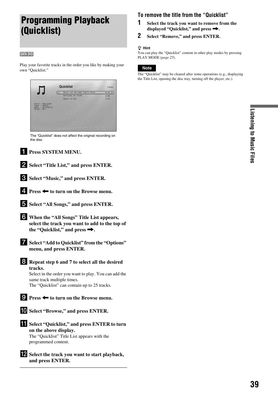 Programming playback (quicklist), Listening t o mus ic fi les | Sony 3-270-909-11(1) User Manual | Page 39 / 71