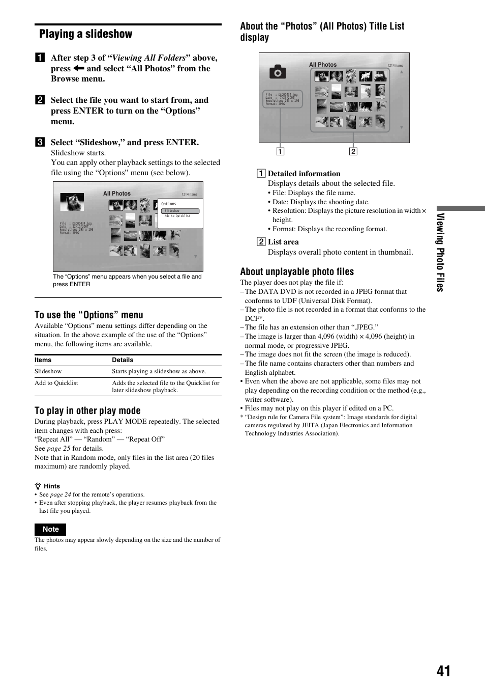 Playing a slideshow, View ing phot o files, About the “photos” (all photos) title list display | About unplayable photo files | Sony 3-270-909-11(1) User Manual | Page 41 / 71