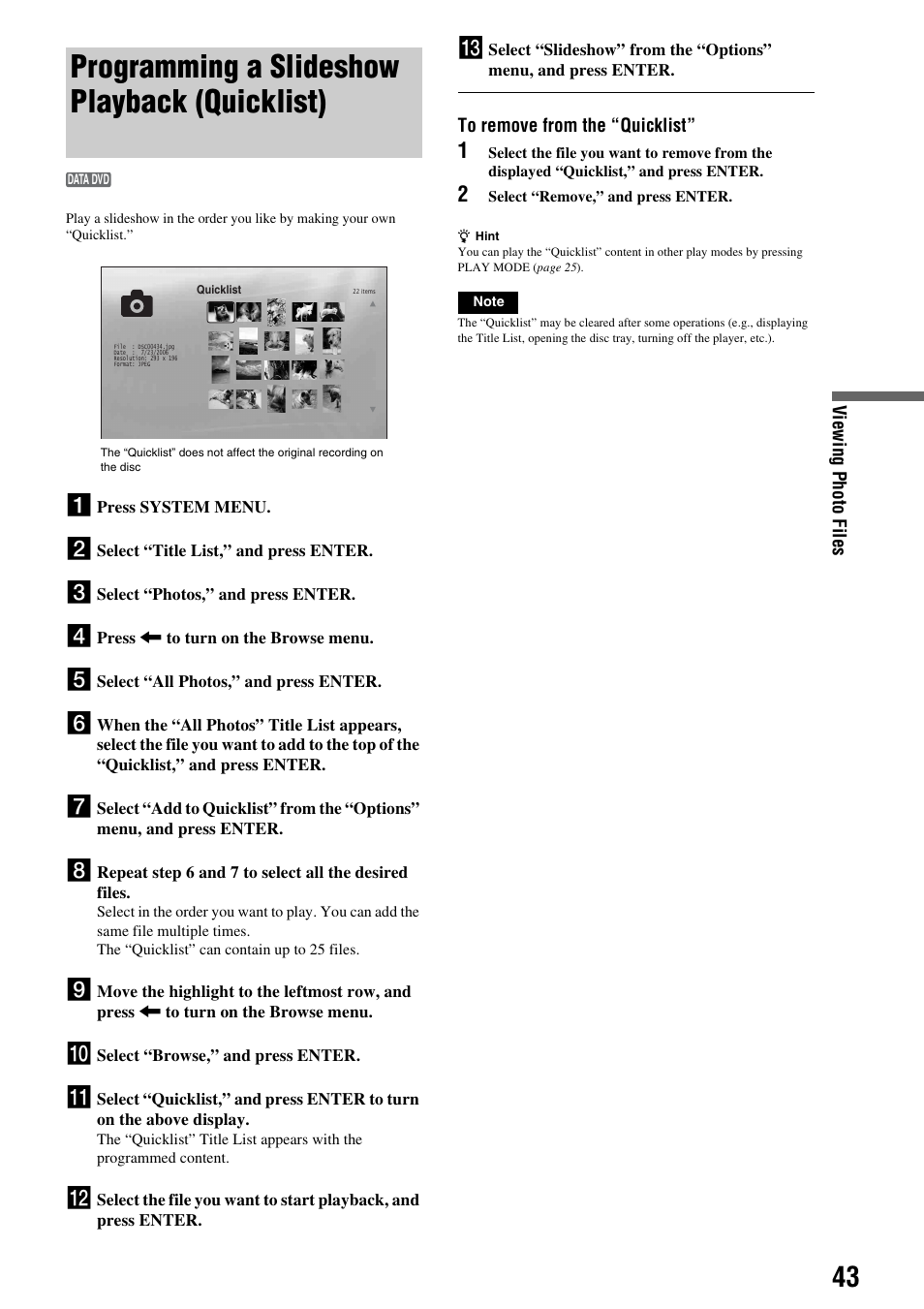 Programming a slideshow playback (quicklist), Programming a slideshow playback, Quicklist) | Sony 3-270-909-11(1) User Manual | Page 43 / 71