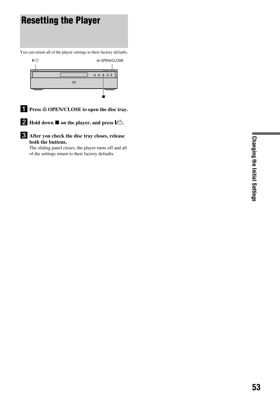 Resetting the player | Sony 3-270-909-11(1) User Manual | Page 53 / 71