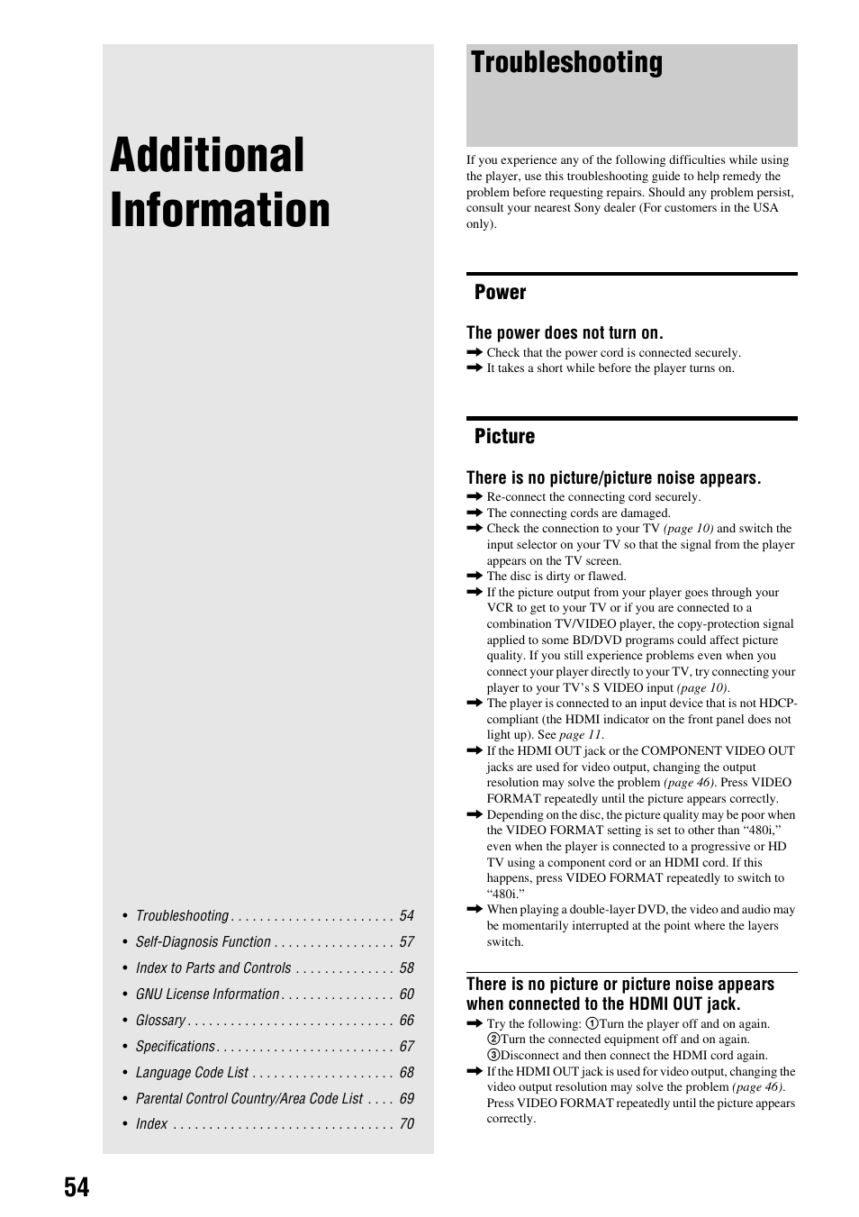 Additional information, Troubleshooting, Power | Picture | Sony 3-270-909-11(1) User Manual | Page 54 / 71