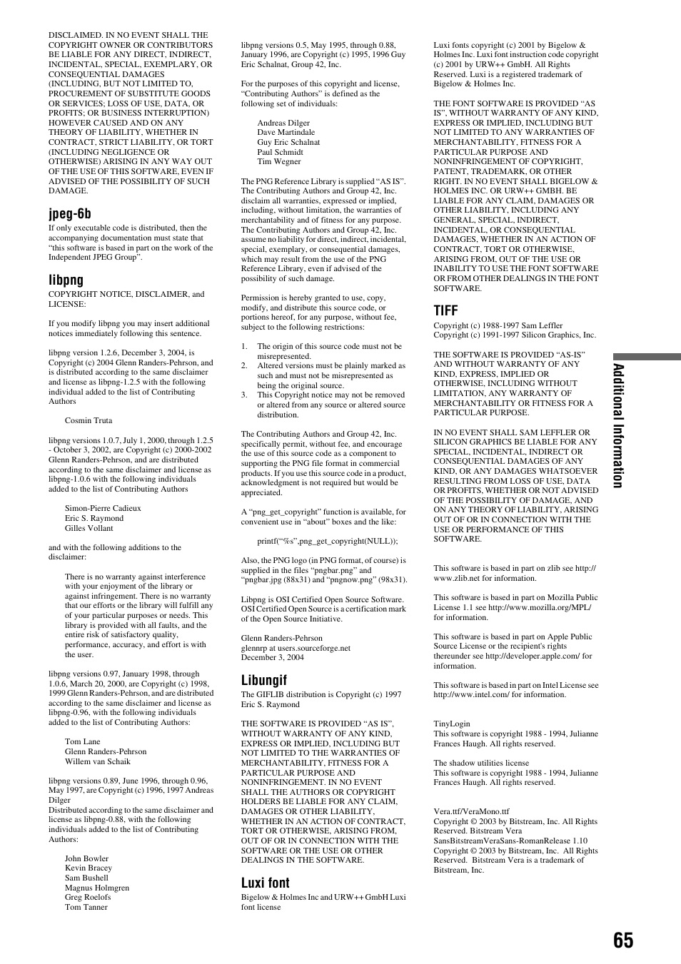 Additional informati o n, Jpeg-6b, Libpng | Libungif, Luxi font, Tiff | Sony 3-270-909-11(1) User Manual | Page 65 / 71