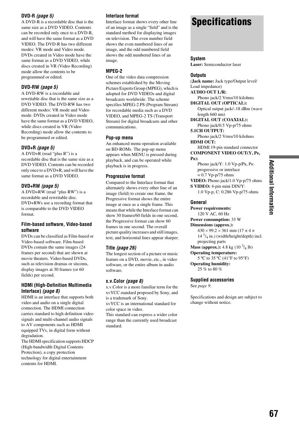 Specifications, Additional informati o n | Sony 3-270-909-11(1) User Manual | Page 67 / 71