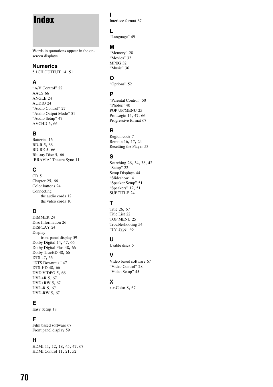 Index | Sony 3-270-909-11(1) User Manual | Page 70 / 71