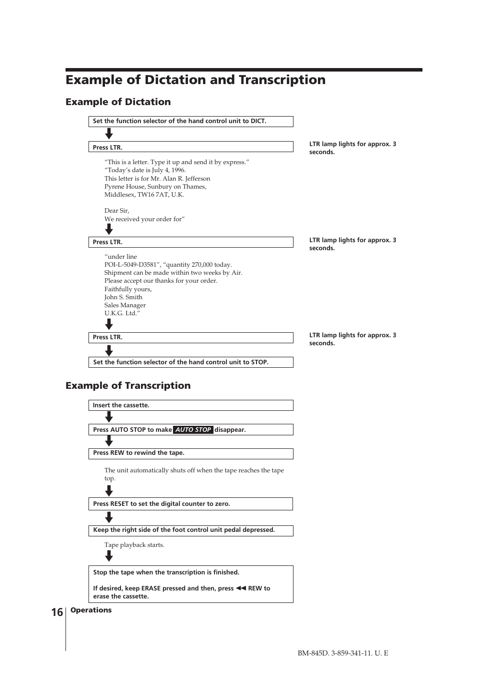 Example of dictation and transcription, Example of dictation, Example of transcription | Sony BM-845D User Manual | Page 16 / 20