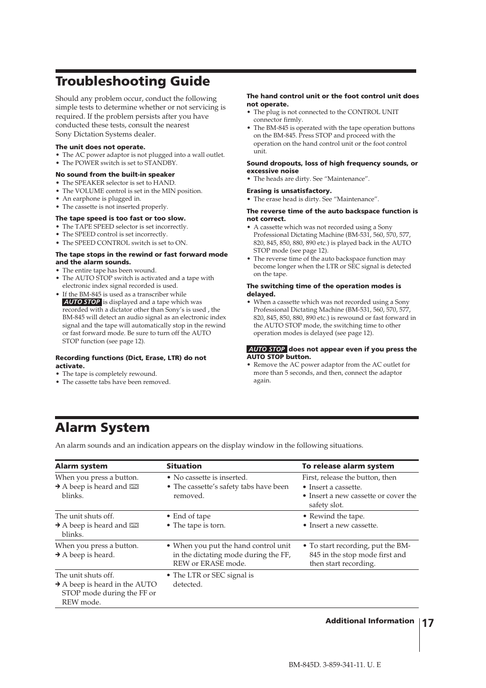 Troubleshooting guide, Alarm system | Sony BM-845D User Manual | Page 17 / 20