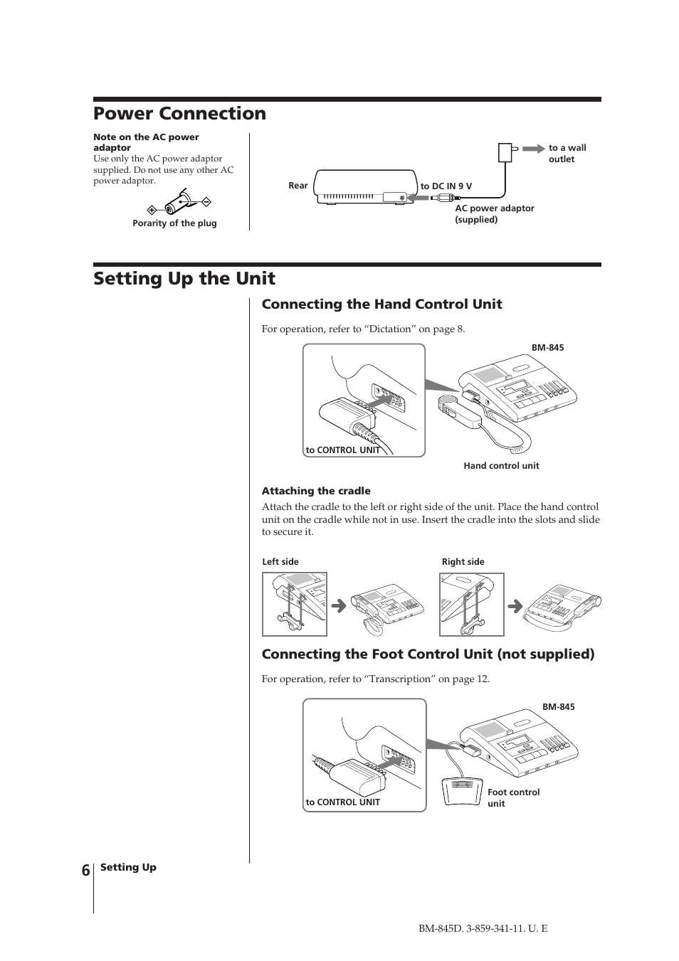 Power connection, Setting up the unit, Connecting the hand control unit | Connecting the foot control unit (not supplied) | Sony BM-845D User Manual | Page 6 / 20