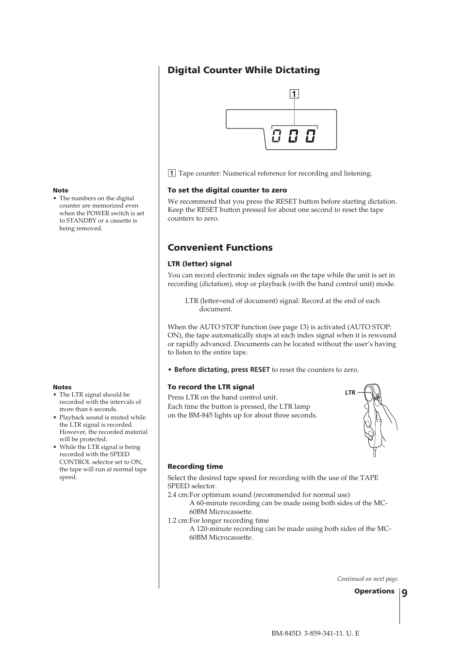 Digital counter while dictating, Convenient functions | Sony BM-845D User Manual | Page 9 / 20