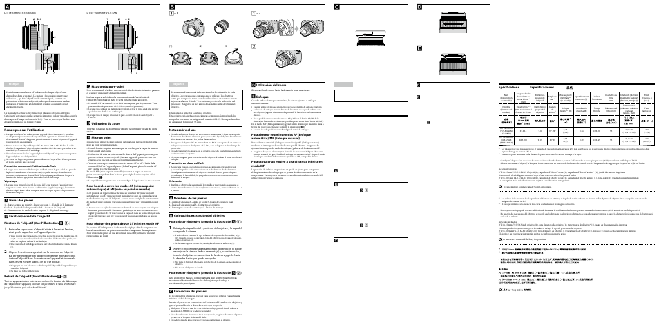 Remarques sur l’utilisation, Noms des pièces, Fixation du pare-soleil | Utilisation du zoom, Mise au point, Notas sobre el uso, Nombres de las piezas, Colocación del parasol, Utilización del zoom, Enfoque | Sony DT 55-200MM F4-5.6 SAM User Manual | Page 2 / 2