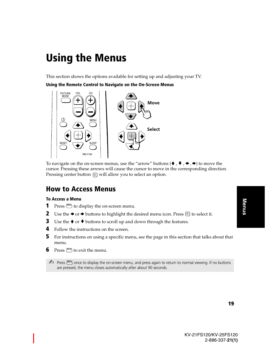 Using the menus, How to access menus | Sony WEGA KV-21FS120 User Manual | Page 27 / 48