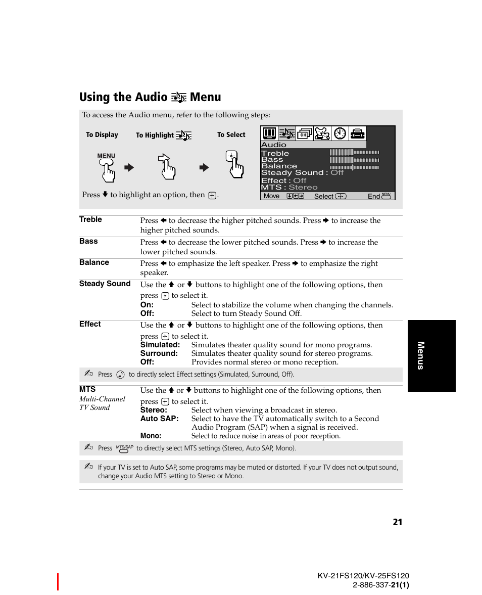 Using the audio menu | Sony WEGA KV-21FS120 User Manual | Page 29 / 48