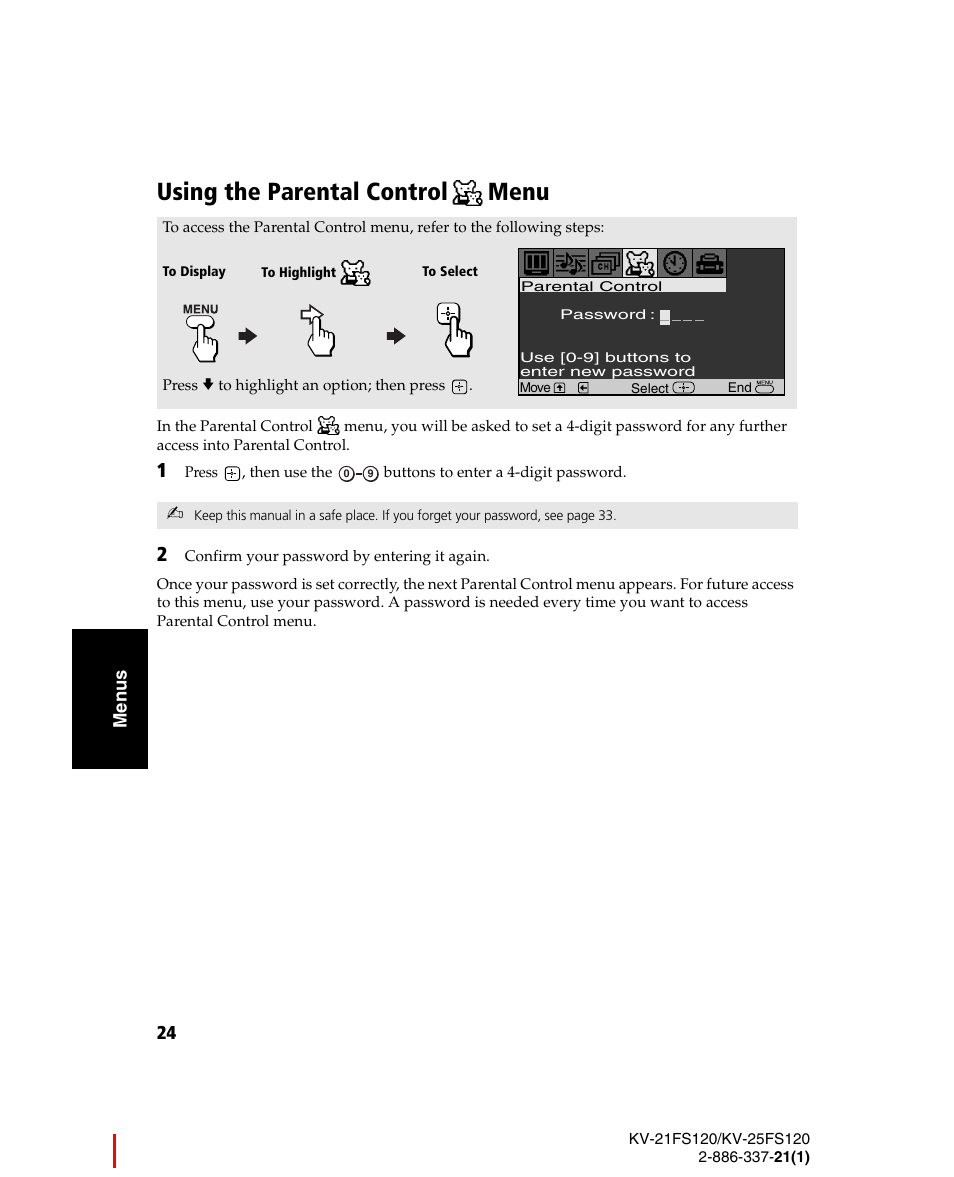 Using the parental control menu, Using the parental control, Menu | Sony WEGA KV-21FS120 User Manual | Page 32 / 48