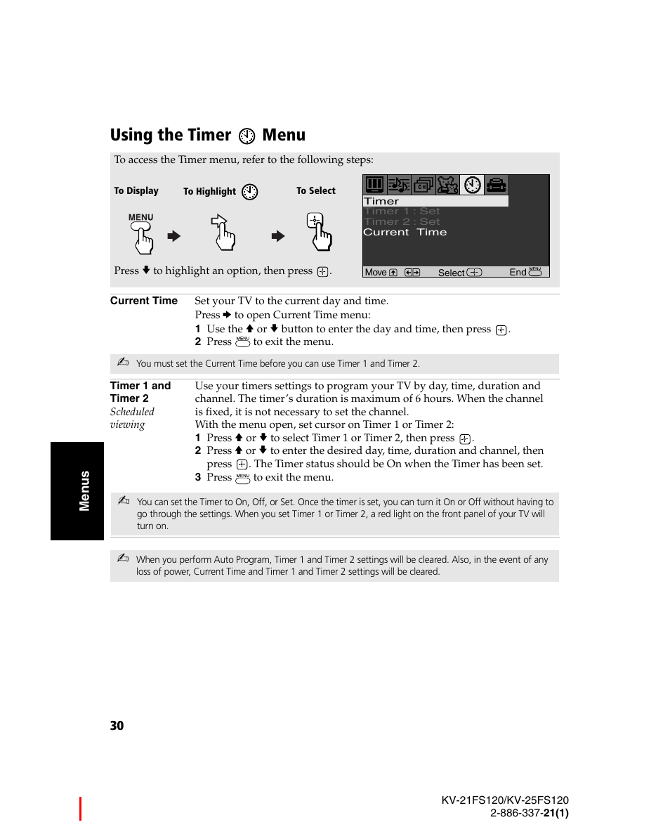 Using the timer menu, 2 press to exit the menu, 3 press to exit the menu | Sony WEGA KV-21FS120 User Manual | Page 38 / 48